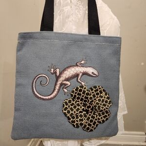 Handmade Gray Tote With Lizard Appliquè& Fabric Flower/ One Of A Kind